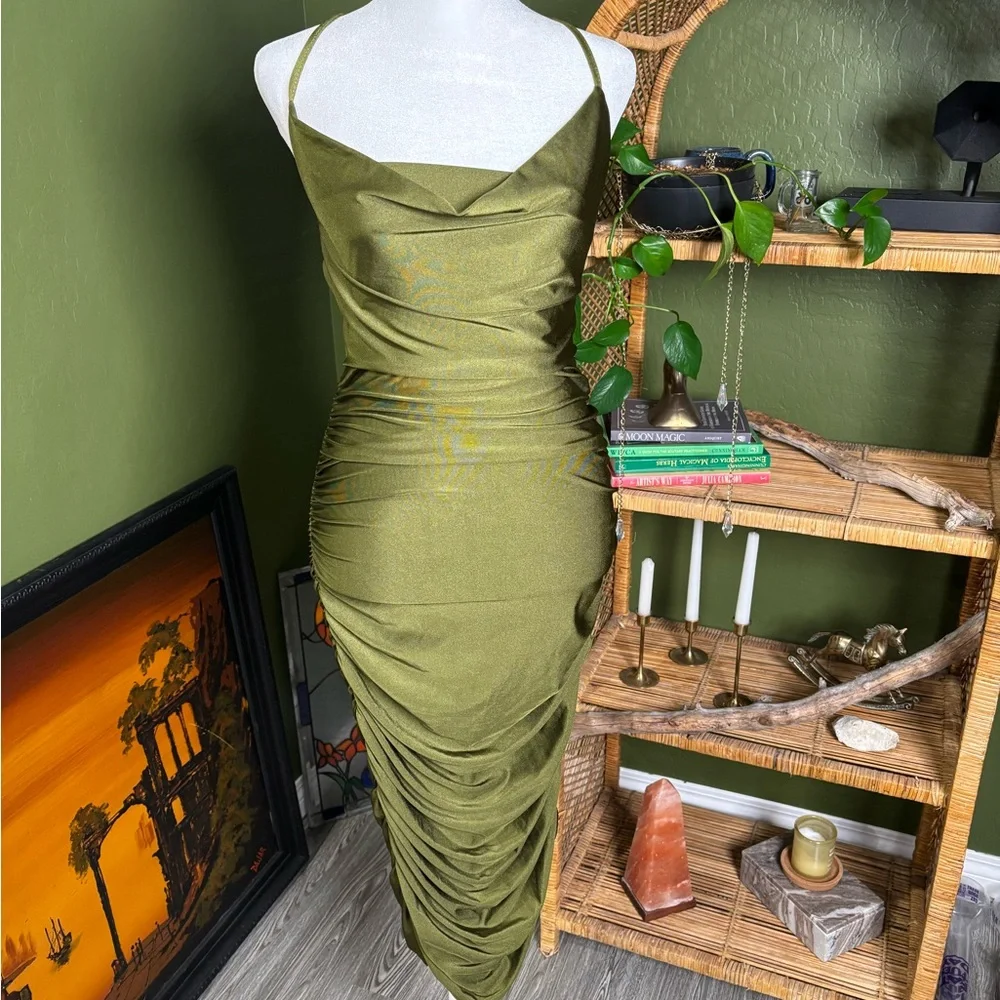 Olive Green Ruched Satin Slip Dress - Picture 1 of 4